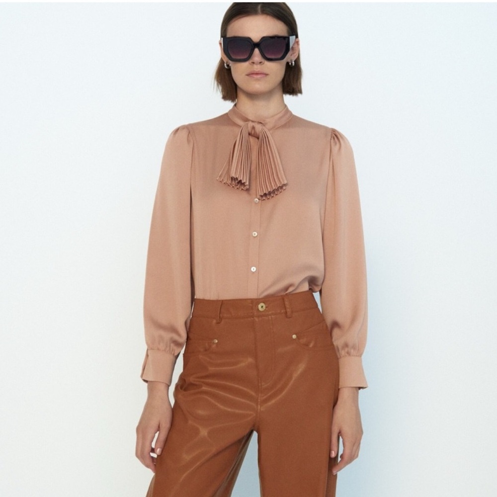 Zara Rose Gold Pleaded Bow Blouse